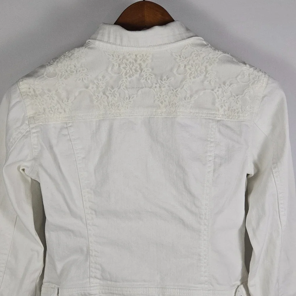 Daytrip White Denim Jacket M Rhinestone Lace Back‎ Trucker Western Glam Coquette